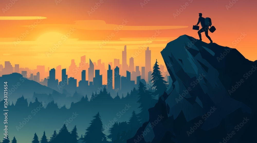 Fototapeta premium Conquering New Heights: A silhouette of a determined hiker stands atop a mountain peak, overlooking a breathtaking cityscape at sunset. A powerful image representing ambition, achievement.