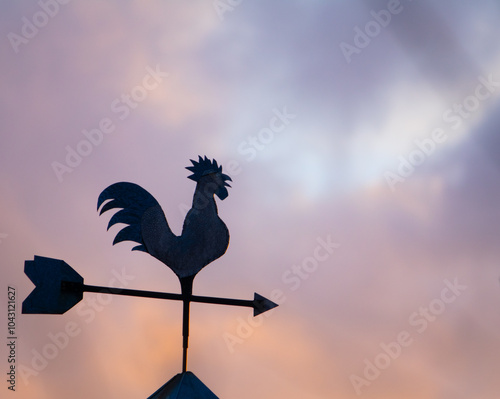 Weather vane on the roof against the backdrop of sunset photo