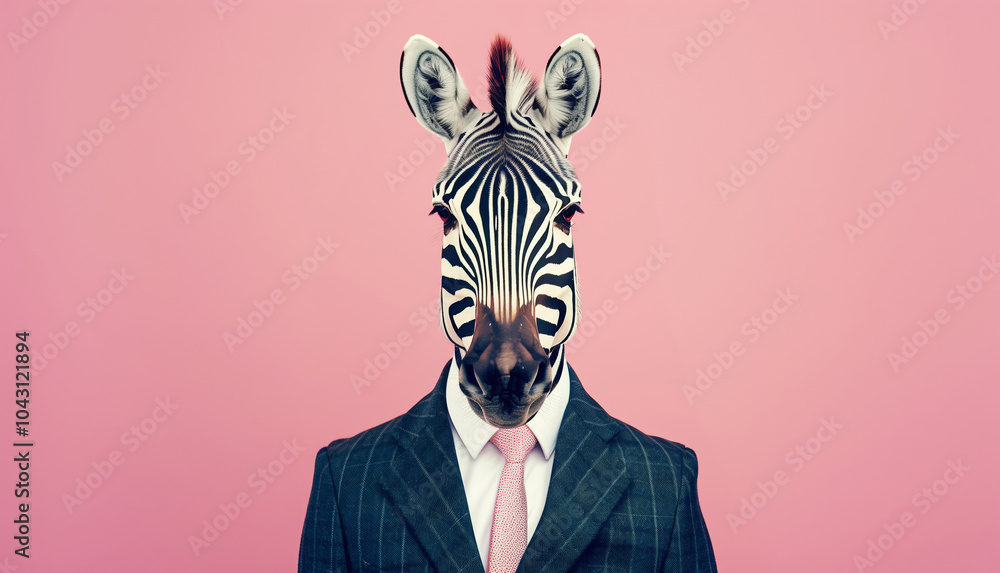 Stylish funny zebra in a suit looking at the camera on a pink background, animal, creative concept Stylish funny zebra in a suit looking at the camera on a pink background, animal, creative concept