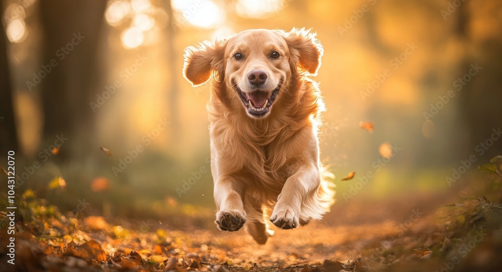 A golden retriever dog running through the forest. A golden retriever dog running through the forest.