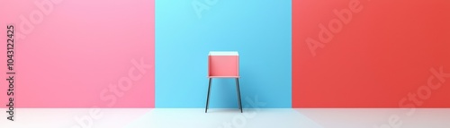 A minimalist scene featuring a chair against vibrant pink and blue walls, creating a striking visual contrast.