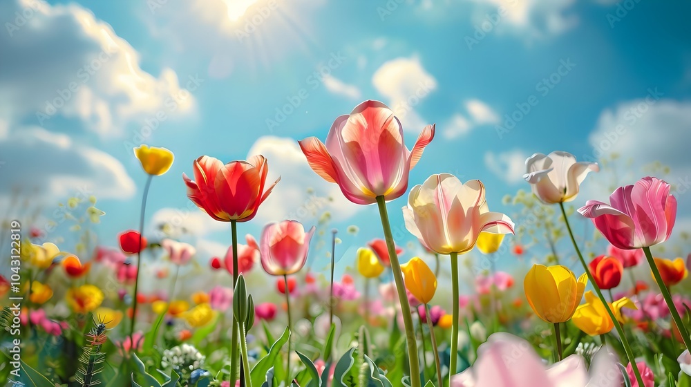 Fototapeta premium Vibrant tulips in full bloom bursting with color in a lush spring meadow under a bright,sunny sky. The scene is peaceful and serene,showcasing the beauty of nature during the springtime season.