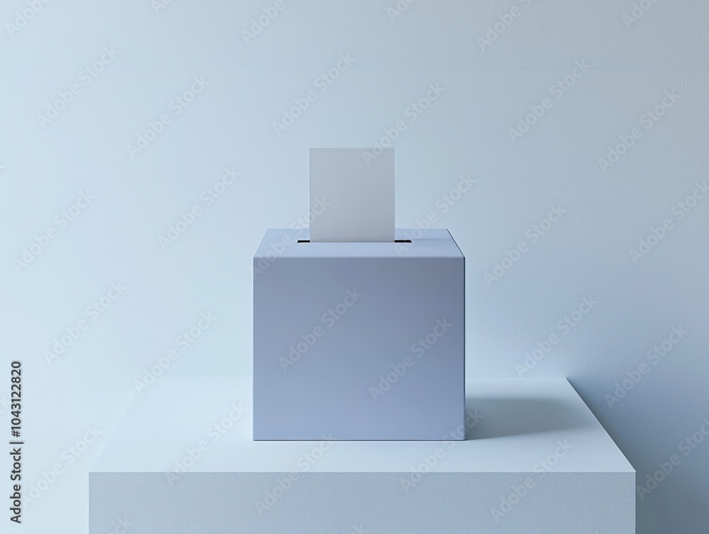 A minimalistic ballot box stands on a pedestal, inviting participation in a voting process with a blank ballot ready for use. A minimalistic ballot box stands on a pedestal, inviting participation in a voting process with a blank ballot ready for use.
