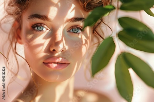 Close-Up Portrait of a Youthful Woman with Radiant Skin Against a Soft Pink Background photo