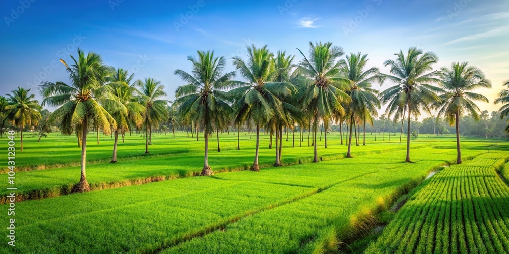Obraz premium Green agricultural land with palm trees reflected in water