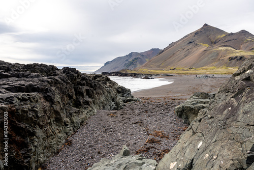 Fascinating Atlantic coast in Iceland with rocks and sea waves from the North Atlantic