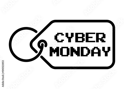 Tiempo de rebajas. Banner con texto Cyber Monday en tipografía estilo arcade en etiqueta de precio con líneas exteriores