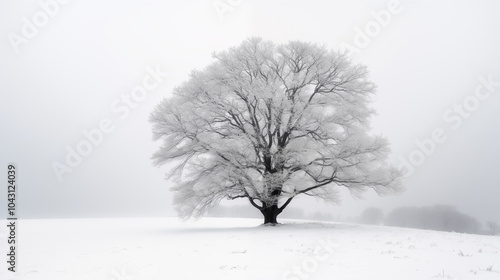 Isolated Tree in Snow-Covered Landscape Wrapped in Fog, Emanating a Sense of Winter Calm and Tranquility | AI Created