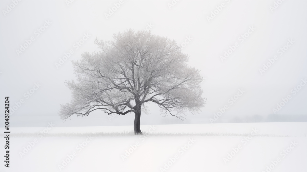Fototapeta premium Frost-Covered Tree in Foggy Winter Landscape, Symbolizing Quiet Solitude and Natural Simplicity | AI Created