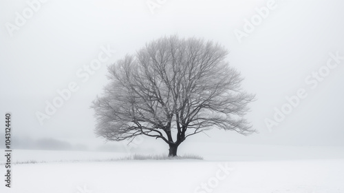 Isolated Frosted Tree in Soft Winter Fog, Evoking Calm and Contemplative Stillness | AI Created