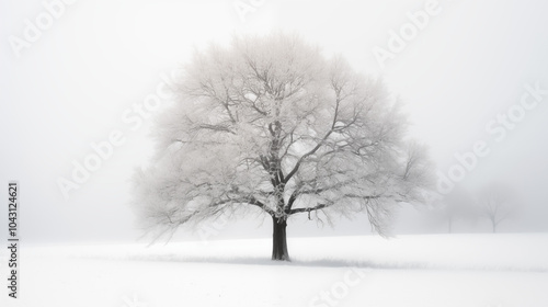 Solitary Winter Tree in Foggy Snow-Covered Landscape, Embracing Calm and Minimalism | AI Created