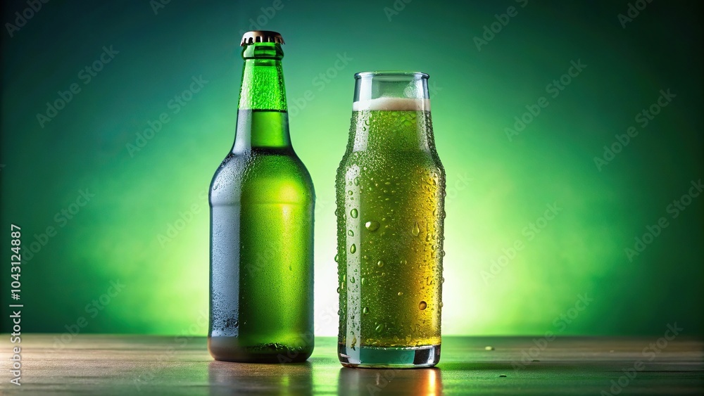 Green beer bottle with condensation drops next to a glass full of beer on a gradient background Green beer bottle with condensation drops next to a glass full of beer on a gradient background