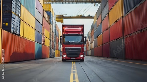 Cargo Truck Transporting Shipping Containers in Warehouse Logistics Hub for Freight Delivery and Supply Chain Distribution photo