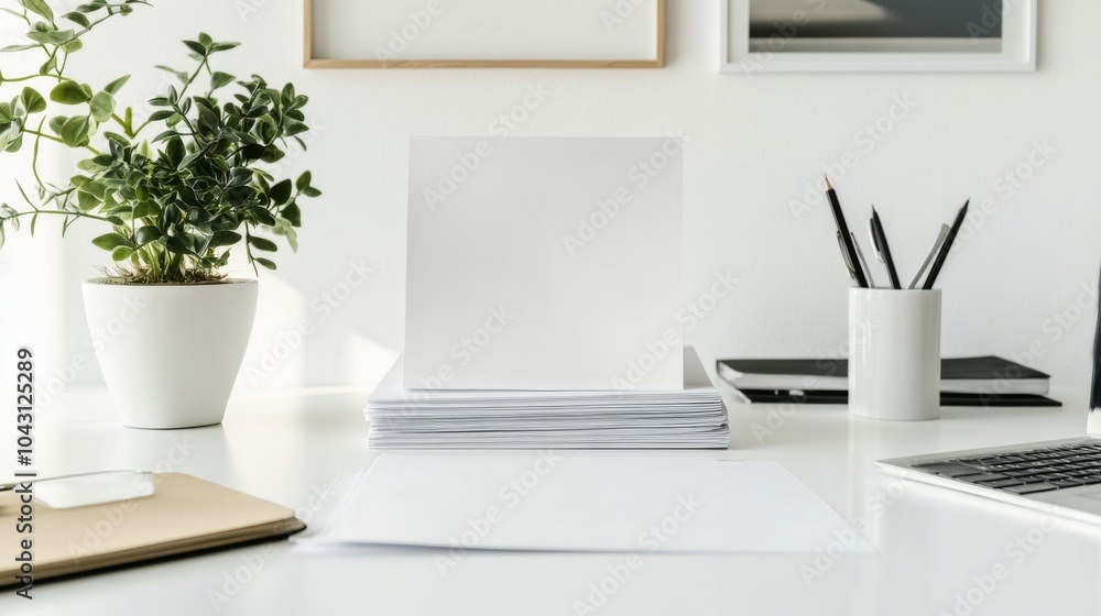 A stack of white paper on a clean white desk with a laptop, plant, pencils, and notebooks. A stack of white paper on a clean white desk with a laptop, plant, pencils, and notebooks.