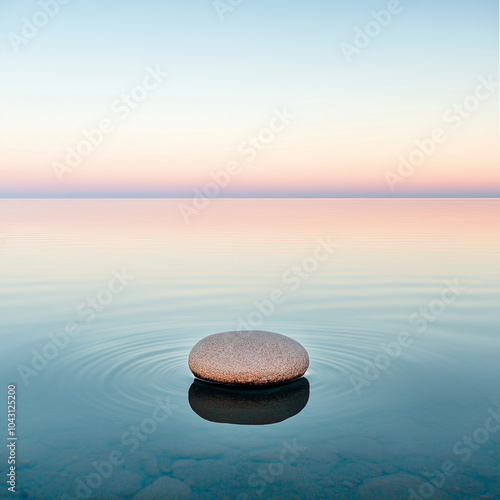Smooth stone creating gentle ripples in calm water at sunrise, capturing minimalist tranquility and balance in a serene natural setting | AI Created