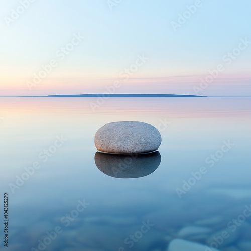 Smooth stone reflecting on calm water at sunrise, capturing minimalist tranquility and balance in a serene, nature-inspired landscape | AI Created
