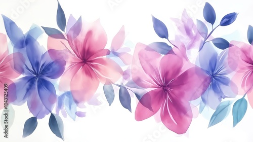 Delicate watercolor flowers in pastel shades of pink, lavender, and blue, creating a light and airy background with soft brushstrokes