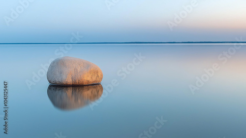 Zen stone floating on calm water with gentle ripples at sunrise, reflecting minimalist tranquility and balance in a peaceful natural scene | AI Created
