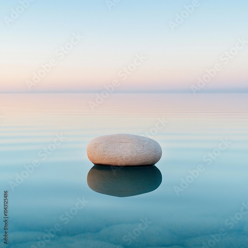 Minimalist zen stone floating on calm water at sunrise, reflecting tranquility and balance in a serene, peaceful natural landscape | AI Created