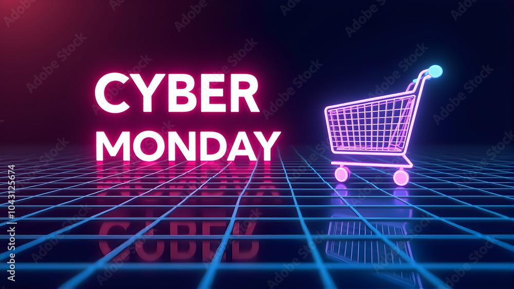 Cyber Monday glowing neon sing on a dark background. Big sale advertisement online, holiday shopping discount poster horizontal banner. Cyber Monday glowing neon sing on a dark background. Big sale advertisement online, holiday shopping discount poster horizontal banner.