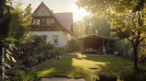 A nice house with a garden in a small german town, kids playing in the garden, summer, soft lights, late afternoon, wide shot
