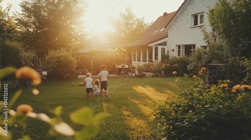 A nice house with a garden in a small german town, kids playing in the garden, summer, soft lights, late afternoon, wide shot

