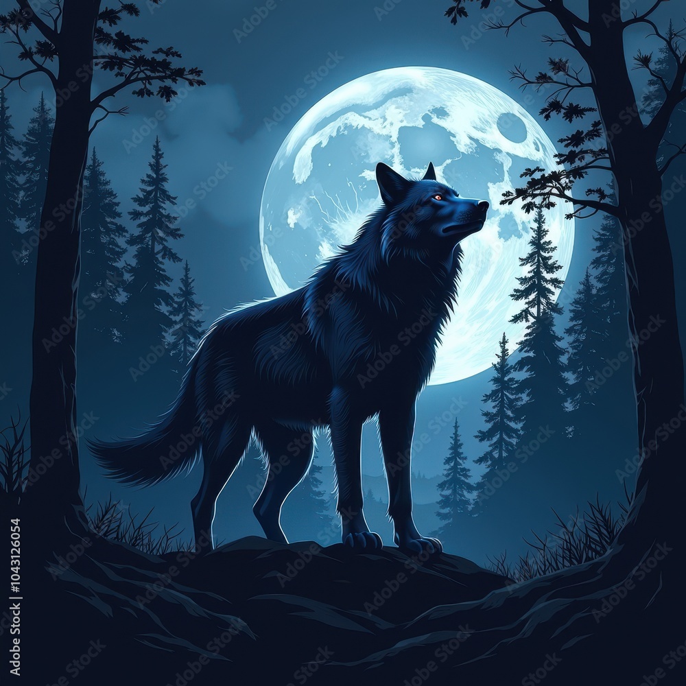 Werewolf Transformation in the Midnight Sky as the Full Moon Illuminates the Dark Forest Below Werewolf Transformation in the Midnight Sky as the Full Moon Illuminates the Dark Forest Below