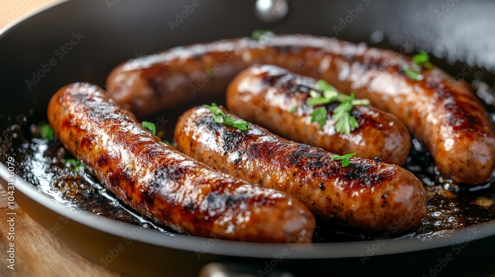 Sizzling Chipolata Sausages in a Frying Pan with Parsley Sizzling Chipolata Sausages in a Frying Pan with Parsley