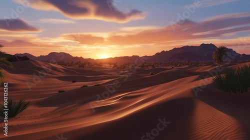 Smooth, rolling sand dunes bathed in the golden light of dusk, with long shadows creating texture in the vast