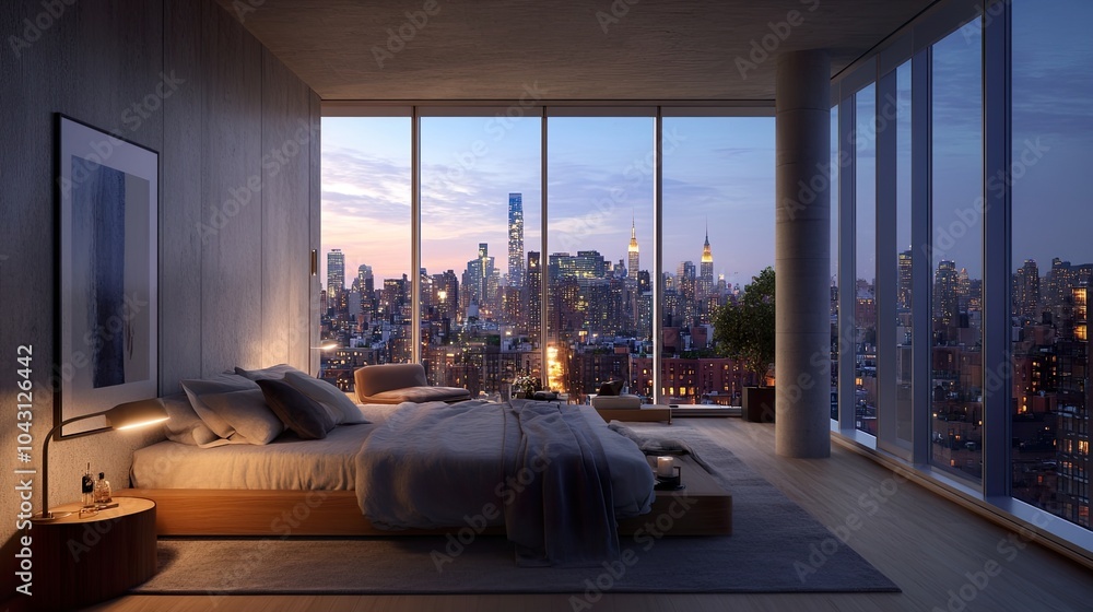 Fototapeta premium Modern bedroom with city skyline view at dusk.