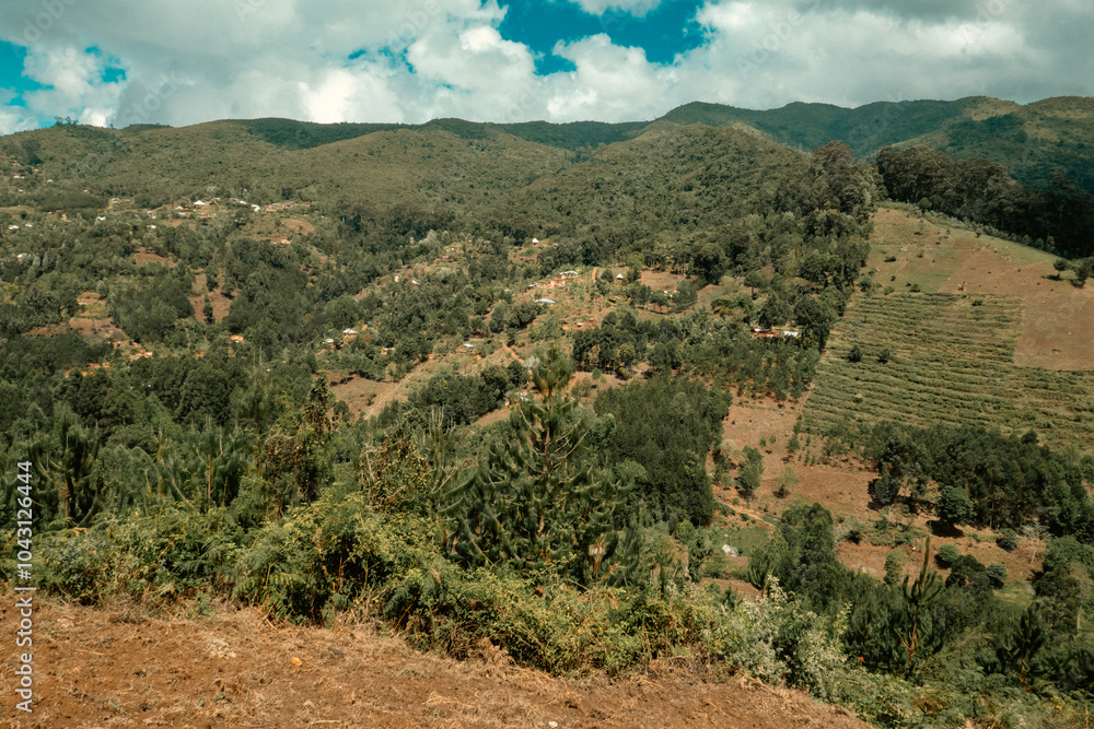 Obraz premium Scenic view of mountain landscapes at Kigulu Hakwewa trail at Magamba Nature Forest Reserves in Usambara Mountains Range, Tanzania 
