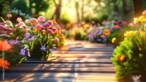 Explore a vibrant garden path adorned with colorful flowers bathed in warm sunlight during springtime