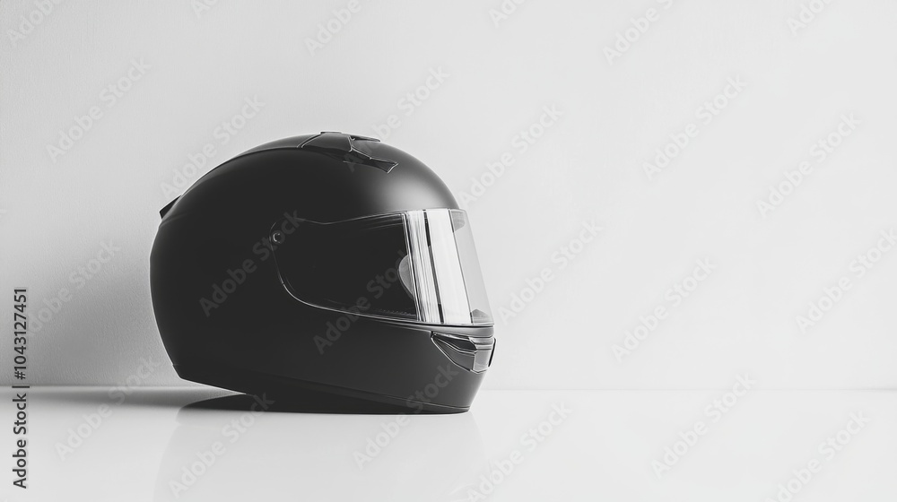 Black motorcycle helmet on a white surface. Black motorcycle helmet on a white surface.