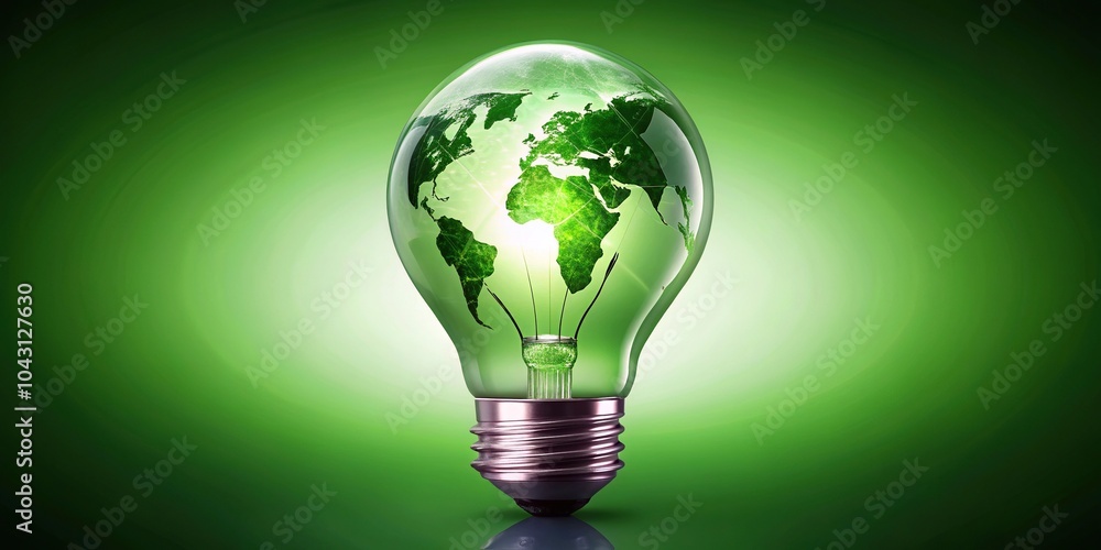 Green energy concept featuring light bulb with global continents Green energy concept featuring light bulb with global continents