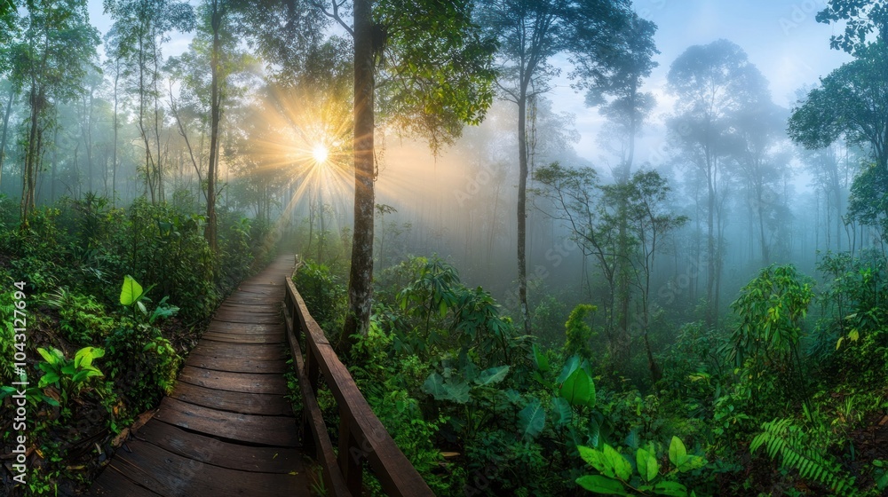 Serene forest path at sunrise, shrouded in mist, inviting exploration and tranquility. Serene forest path at sunrise, shrouded in mist, inviting exploration and tranquility.