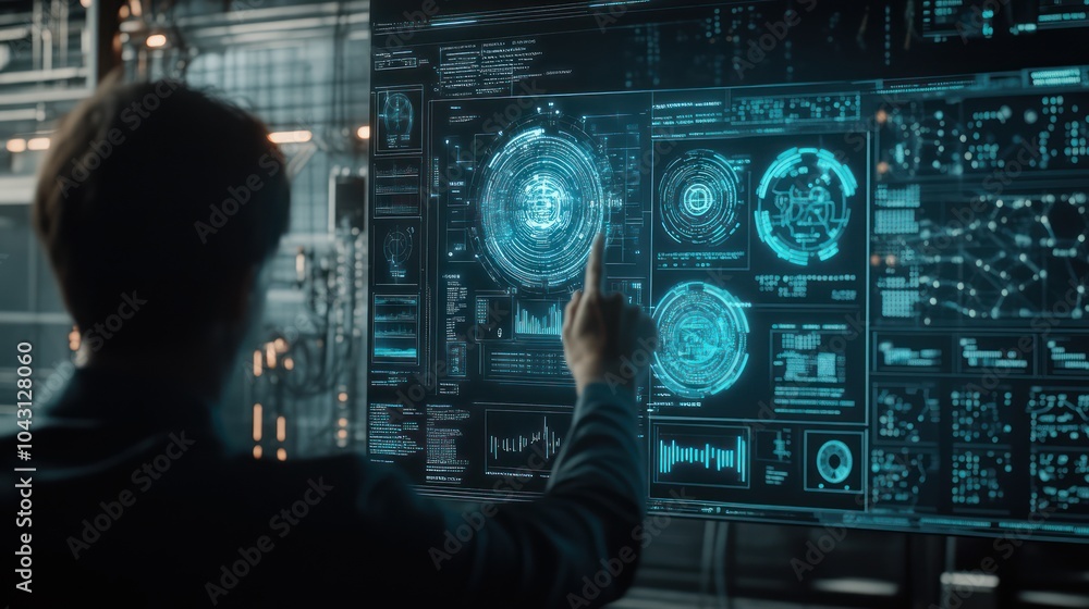 Cyberpunk Hacker Interacting with Data Visualization Cyberpunk Hacker Interacting with Data Visualization