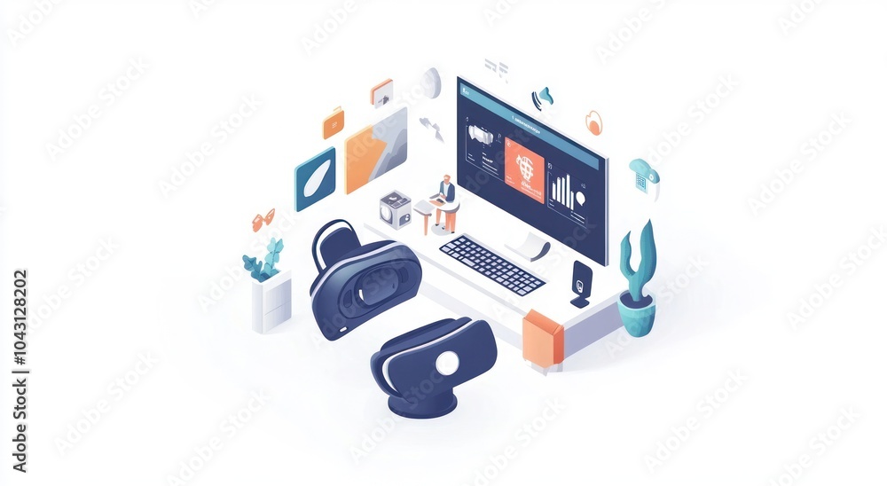 A digital workspace featuring virtual reality headsets and a computer setup. A digital workspace featuring virtual reality headsets and a computer setup.