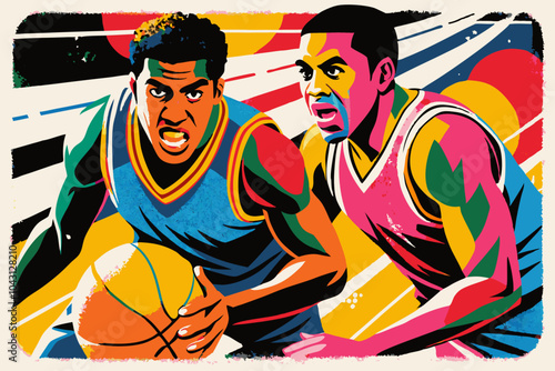 Dynamic Basketball Players in Intense Match Illustration