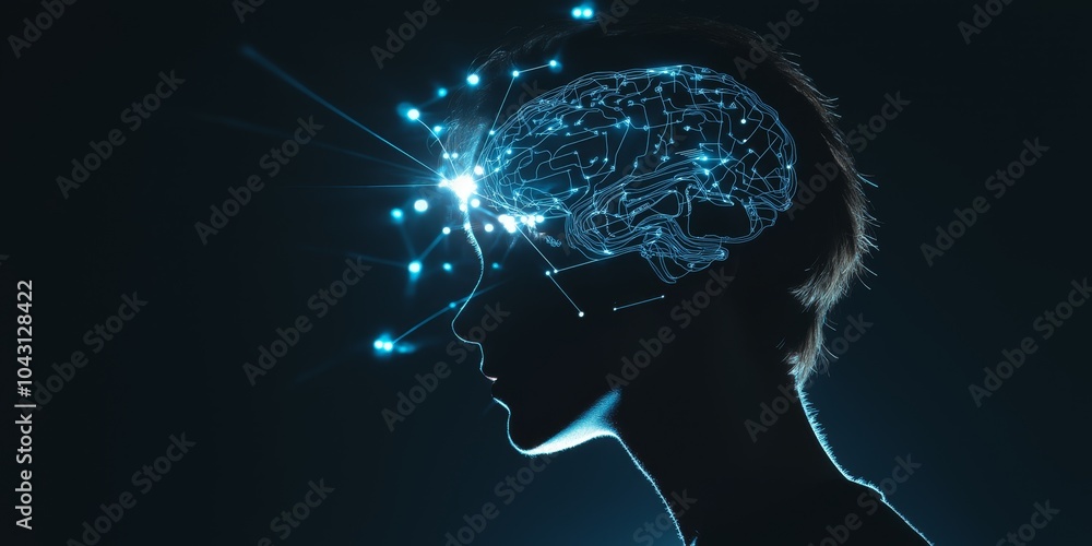 Obraz premium Minimalist stock image of human profile with digital circuitry in brain, technology meets humanity