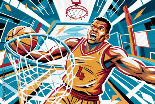 Dynamic Basketball Player Performing Intense Slam Dunk in Action