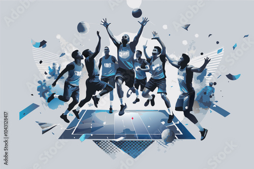 Dynamic Basketball Players in Action on Abstract Court Illustration