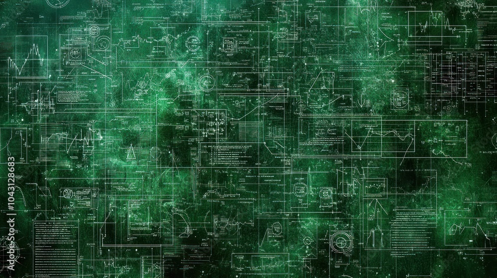Abstract green digital background with scientific diagrams and data visualizations. Abstract green digital background with scientific diagrams and data visualizations.