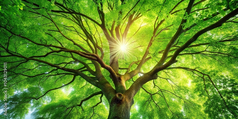Fototapeta premium Green forest scene with tilted angle showing tree with green leaves and sun light