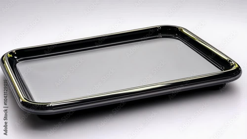 A black rectangular tray sits on a white surface A black rectangular tray sits on a white surface
