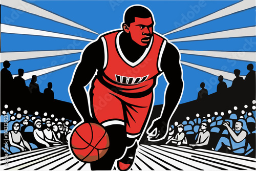 Dynamic Basketball Player Dribbling in a Stadium Full of Spectators