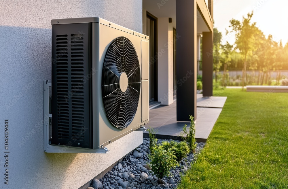an outdoor air conditioning unit on the side wall of a modern house, showcasing its sleek design and energy-efficient features. an outdoor air conditioning unit on the side wall of a modern house, showcasing its sleek design and energy-efficient features.