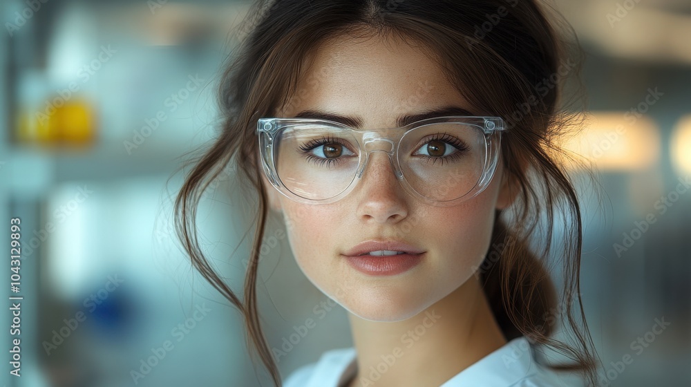A young woman wearing clear glasses stands confidently in a modern laboratory, showcasing a focused expression while engaging in scientific research during the afternoon A young woman wearing clear glasses stands confidently in a modern laboratory, showcasing a focused expression while engaging in scientific research during the afternoon