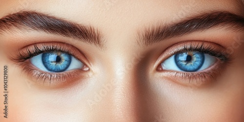 Close-up view of striking blue eyes highlighting unique features and vibrant colors in natural light with well-groomed eyebrows