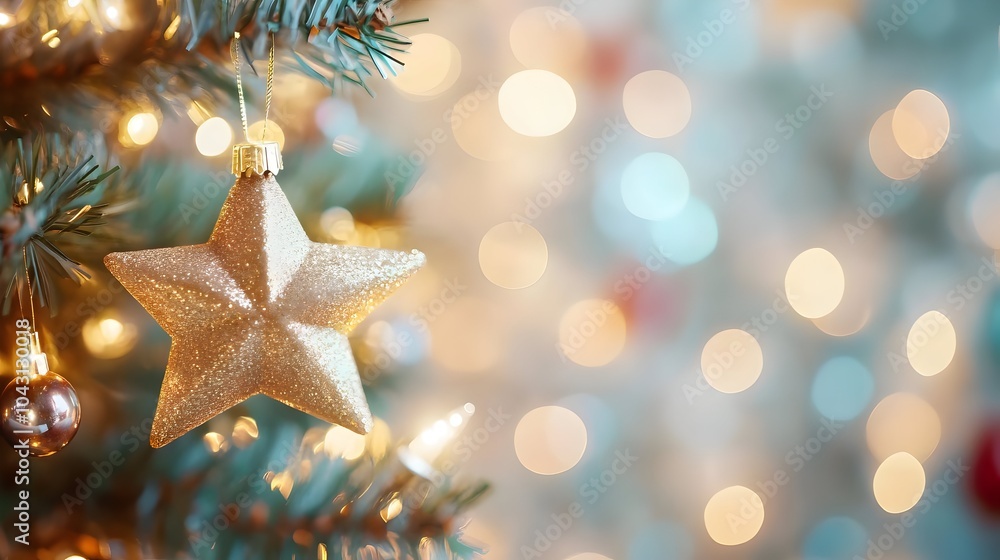 Closeup of a beautiful golden star-shaped Christmas ornament hanging on a tree branch,surrounded by twinkling,defocused holiday lights creating a festive,glittering background. Closeup of a beautiful golden star-shaped Christmas ornament hanging on a tree branch,surrounded by twinkling,defocused holiday lights creating a festive,glittering background.