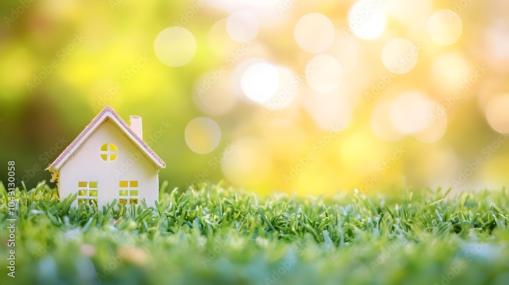Closeup view of a small miniature house model placed on a lush green grass lawn with colorful flowers blooming,in a beautiful sunny outdoor nature landscape. Concept of real estate,home ownership. Closeup view of a small miniature house model placed on a lush green grass lawn with colorful flowers blooming,in a beautiful sunny outdoor nature landscape. Concept of real estate,home ownership.